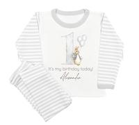 Personalised Birthday Pyjama Set Grey Stripe Boys Unisex Grey Rabbit Design with Name and Age - 100% Cotton Made in GB It's my birthday today (UK, Age, 9 Months, 12 Months, Pyjamas: Grey Stripe)
