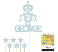 Personalised Birthday Space Robot Glitter Cake Topper Lt Blue Any Custom Age & Name Glitter Cake Decoration and Sprinkles - Happy Birthday Decorations - Personalised Toppers for Cakes by Cakeshop