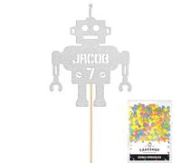 Personalised Birthday Space Robot Glitter Cake Topper Silver Any Custom Age & Name Glitter Cake Decoration and Sprinkles - Happy Birthday Decorations - Personalised Toppers for Cakes by Cakeshop