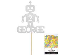 Personalised Birthday Space Robot Glitter Cake Topper Silver Any Custom Age & Name Glitter Cake Decoration and Sprinkles - Happy Birthday Decorations - Personalised Toppers for Cakes by Cakeshop