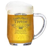 Personalised Birthday Tankard Glass Stein Engraved 1 Pint Beer Tanker Men Handle Wreath Crown Gift Box 590 ml