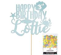 Personalised Birthday Under The Sea Glitter Cake Topper Lt Blue Any Custom Age & Name Glitter Cake Decoration and Sprinkles - Happy Birthday Decorations - Personalised Toppers for Cakes by Cakeshop