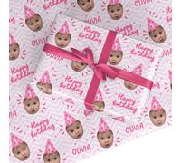 Personalised Birthday Wrapping Paper - Custom Face Photo & Name Gift Wrap For Girls, Women, Kids & Babies - Any Age or 1st Birthday Pink Party Hat Design - by Dyefor - Large Roll (50cm x 3.6m)