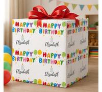 Personalised Birthday Wrapping Paper with Name - Custom Happy Birthday Gift Wrap - Premium Quality Paper - Any Name, All Ages - Colourful Balloons & Number Candles Design (1 Meter)