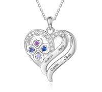 Personalised Birthstone Heart Necklace Custom Name Necklace for Women Silver Love Charm Jewellery for Mum Daughter Wife Christmas Mothers Day Birthday Gifts (4 birthstones 4 names)