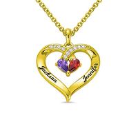 Personalised Birthstone Heart Sterling Silver Promise Necklace with Engraving Names - Birthstone Heart Pendant Name Necklace Birthday Jewelry Gift for Her