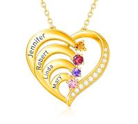 Personalised Birthstone Name Necklace for Women - Custom Sterling Silver Heart Pendant with 1-4 Names,Valentine's Day Christmas Mothers Day Gifts for Mum Wife Grils (4 Name&Stone, Gold)