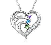 Personalised Birthstone Name Necklace for Women - Custom Sterling Silver Heart Pendant with 1-4 Names,Valentine's Day Christmas Mothers Day Gifts for Mum Wife Grils (3 Name&Stone, Silver)