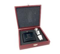 Personalised Black 6oz Hip Flask Funnel & 2 Shot Cups Wooden Gift Boxed Set - Engraved with Name and Message of Your Choosing - Wedding Birthday Fathers Day Gift