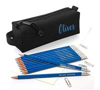Personalised Black Block Style Pencil Case with 12 Matching HB Pencils with Erasers - Printed in UK by 'That's My Pencil' (Black Case with Navy Blue Pencils)