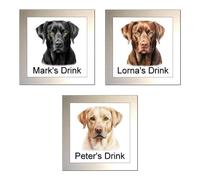 Personalised BLACK, CHOCOLATE AND YELLOW LABRADOR Dog Glass Drinks Coasters (THREE DESIGNS)