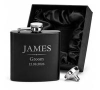 Personalised Black Engraved Hip Flask with Velvet Gift Box - Groom Wedding Gift - Custom Name & Wedding Date
