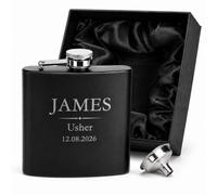 Personalised Black Engraved Hip Flask with Velvet Gift Box - Usher Wedding Gift - Custom Name & Wedding Date