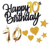 Personalised Black Gold Happy 10th Birthday Cake Topper with Gold Number 10 Birthday Candles,Heart Sarts Cupcake Toppers Cake Decorations Set for Girls Boys Kids 10th Birthday Anniversary - Pack of 9