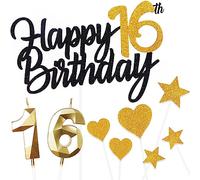 Personalised Black Gold Happy 16th Birthday Cake Topper with Gold Number 16 Birthday Candles,Heart Sarts Cupcake Toppers Cake Decorations Set for Girls Boys Kids 16th Birthday Anniversary - Pack of 9