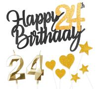 Personalised Black Gold Happy 24th Birthday Cake Topper with Gold Number 24 Birthday Candles,Heart Sarts Cupcake Toppers Cake Decorations Set for Girls Boys Kids 24th Birthday Anniversary - Pack of 9