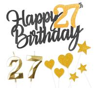 Personalised Black Gold Happy 27th Birthday Cake Topper with Gold Number 27 Birthday Candles,Heart Sarts Cupcake Toppers Cake Decorations Set for Girls Boys Kids 27th Birthday Anniversary - Pack of 9