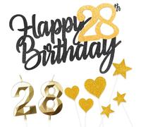 Personalised Black Gold Happy 28th Birthday Cake Topper with Gold Number 28 Birthday Candles,Heart Sarts Cupcake Toppers Cake Decorations Set for Girls Boys Kids 28th Birthday Anniversary - Pack of 9