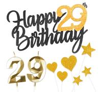 Personalised Black Gold Happy 29th Birthday Cake Topper with Gold Number 29 Birthday Candles,Heart Sarts Cupcake Toppers Cake Decorations Set for Men Wome 29th Birthday Anniversary - Pack of 9