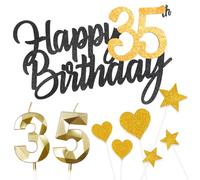 Personalised Black Gold Happy 35th Birthday Cake Topper with Gold Number 35 Birthday Candles,Heart Sarts Cupcake Toppers Cake Decorations Set for Men Wome 35th Birthday Anniversary - Pack of 9