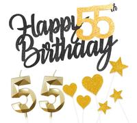 Personalised Black Gold Happy 55th Birthday Cake Topper with Gold Number 55 Birthday Candles,Heart Sarts Cupcake Toppers Cake Decorations Set for Men Wome 55th Birthday Anniversary - Pack of 9