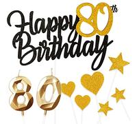 Personalised Black Gold Happy 80th Birthday Cake Topper with Gold Number 80 Birthday Candles Heart Star Cupcake Toppers Cake Decorations Set for Her Him Men Women 80th Birthday Anniversary - Pack of 9
