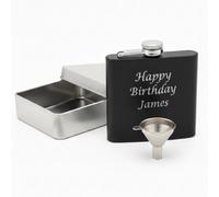 Personalised Black Hip Flask with Funnel and Metal Gift Tin - Engraved Message, 6oz Capacity, Whisky, Spirits Gift, Birthday, Father's Day, Christmas, Groomsmen, Best Man