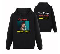 Personalised Black Hoodies for Women Customised Photo Hoody Pullover Sweatshirt with Pockets, Design Your Own Hoodie with Picture Logo Text Front and Back Print for Birthday Business Christmas, M