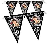 Personalised Black & Silver Glitz Birthday Party PHOTO Flag Banner Bunting N70-10 Flags inc ribbon 18th 21st 30th 40th 50th ANY AGE!