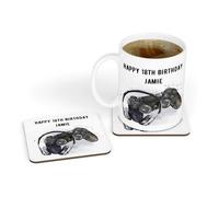 Personalised Black Video Gaming Controller & Headset Design Ceramic Mug & Coaster Gift Set for Men Him Boys 18th 21st 30th 40th Birthday