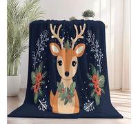 Personalised Blanket Cartoon Christmas Deer With Red Berries for Boys Girls Kids, Song for Sofa Bedding Living Room Orange Blue Blanket for Baby Shower 220 x 260 cm