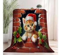 Personalised Blanket Christmas Orange Cat Holly And Red Berries for Boys Girls Kids, Song for Sofa Bedding Living Room Red Green Blanket for Baby Shower 150 x 100 cm