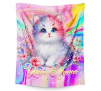 Personalised Blanket with Custom Name - Cat-Themed Anti-Pilling Flannel for Girls, Kids & Adults - Bed Sofa Couch Gift for Cat Lovers (Birthdays Christmas)