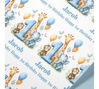 Personalised Blue 1st Birthday Wrapping Paper Roll | Custom Name Safari Animal Gift Wrap for Baby Boy | 61cm Wide | Recyclable Matte Paper | First Birthday Present Wrap