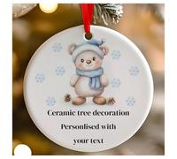 Personalised Blue Christmas Bear Round Ceramic Hanging Tree Decoration, Babies 1st Christmas, First Xmas as Mr and Mrs - 7cm