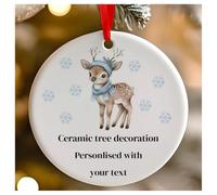 Personalised Blue Christmas Cute Reindeer Round Ceramic Hanging Tree Decoration, Babies 1st Christmas, First Xmas as Mr and Mrs - 7cm