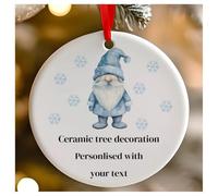 Personalised Blue Christmas Gonk Gnome Round Ceramic Hanging Tree Decoration, Babies 1st Christmas, First Xmas as Mr and Mrs - 7cm