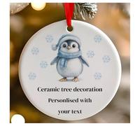 Personalised Blue Christmas Penguin Round Ceramic Hanging Tree Decoration, Babies 1st Christmas, First Xmas as Mr and Mrs - 7cm