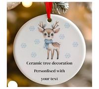 Personalised Blue Christmas Reindeer Round Ceramic Hanging Tree Decoration, Babies 1st Christmas, First Xmas as Mr and Mrs - 7cm