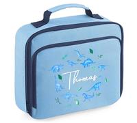 Personalised Blue Dinosaurs Lunch Bag for Kids Custom Back to Nursery School Dino Lunchbag, 24cm x 20cm x 8cm, Sky Blue