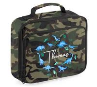 Personalised Blue Dinosaurs Lunch Bag for Kids Custom Back to Nursery School Dino Lunchbag, 24cm x 20cm x 8cm, Camo