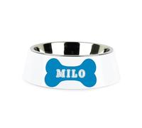 Personalised Blue Dog Bone Food/Water Bowl - Feeding/Drinking Dish For Pets - 700ml Steel Bowl & White Plastic Bowl Holder Stand