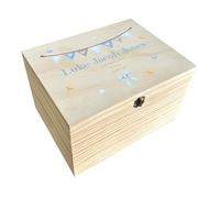 Personalised Blue Garland Baby Keepsake Box | Treasured Memories Gift Box for Newborns | Personalised Name and Date | Pine Box with Metal Hinges & Clasp | W36cm x D26.9cm x H20cm