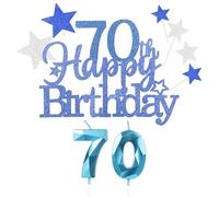 Personalised Blue Happy 70th Birthday Cake Topper with Blue Number 70 Birthday Candles Blue Star Cupcake Toppers Cake Decorations Set for Her Him Boy Men Women 70th Birthday Anniversary - (Set 9)