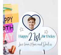 Personalised Blue Heart Birthday Plaque with Photo & Age - Custom Gift for 18th, 21st, 30th, 40th, 50th & More - Freestanding Keepsake for Son, Brother, Friend (MDF Wood, Large: 18.5cm x 19cm)