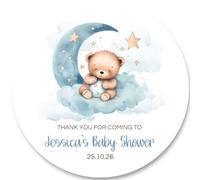 Personalised Blue Teddy Bear in Moon Baby Shower Stickers, 12 or 24 Sheet