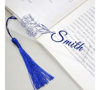 Personalised Bookmark Acrylic Bookmarks with Birth Flower Custom Bookmarks Gifts with Tassels Book Marks for Women Birthday Christmas Anniversary Men Son Daughter Nanny Book Lovers (Blue)