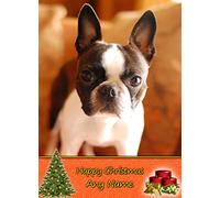 Personalised Boston Terrier Dog Christmas Card (Happy Christmas, Any Name) - Custom Xmas Card for Him or Her Male Female Kids Boys Girls