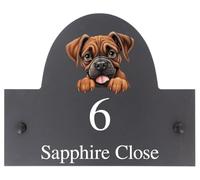 Personalised Boxer Dog Motif Arch Top Slate Sign - 25x20cm | Natural Stone Slate House Name or House Number Plaque Sign - Premium Smooth Stone Slate - Includes Wall Screws