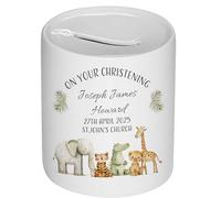 Personalised Boys Money Box - Custom Name Ceramic Coin Bank with Rubber Bung - Christening, 1st Birthday Baby Gift